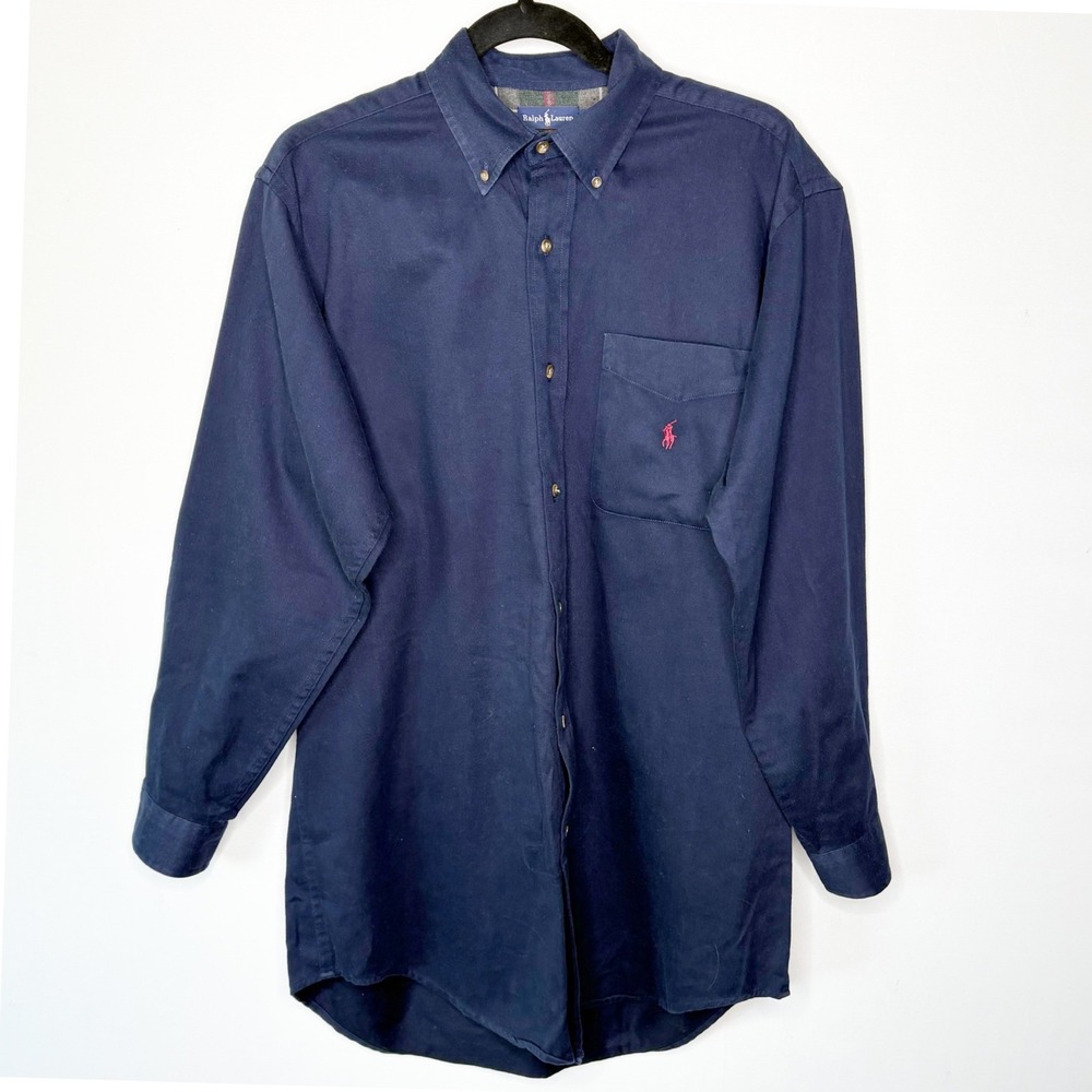 Ralph‎ Lauren Mens XL Navy Blue Cotton Button Down Shirt Pink Pony Logo